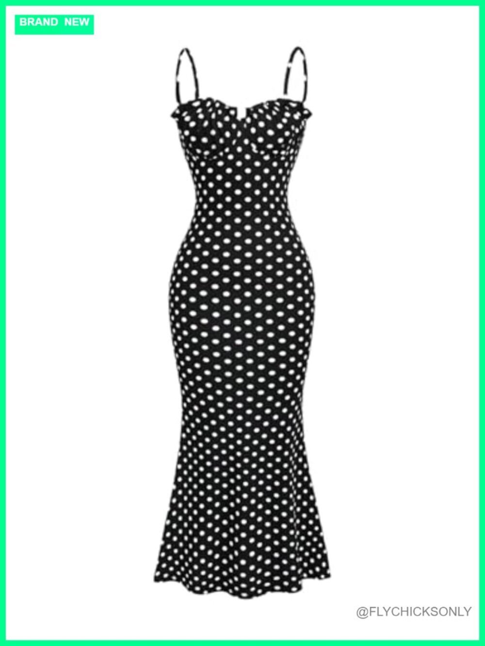 Women's Polka Dots Frill Trim Cami Dress Elegant Ruched Bust Fishtail Maxi